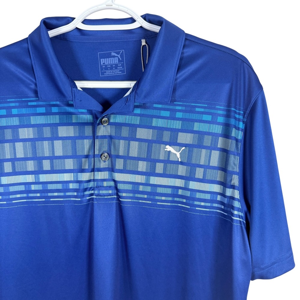 Puma Power Cool Golf Polo Shirt Mens L Blue Geometric Performance Stretch‎ NEW
